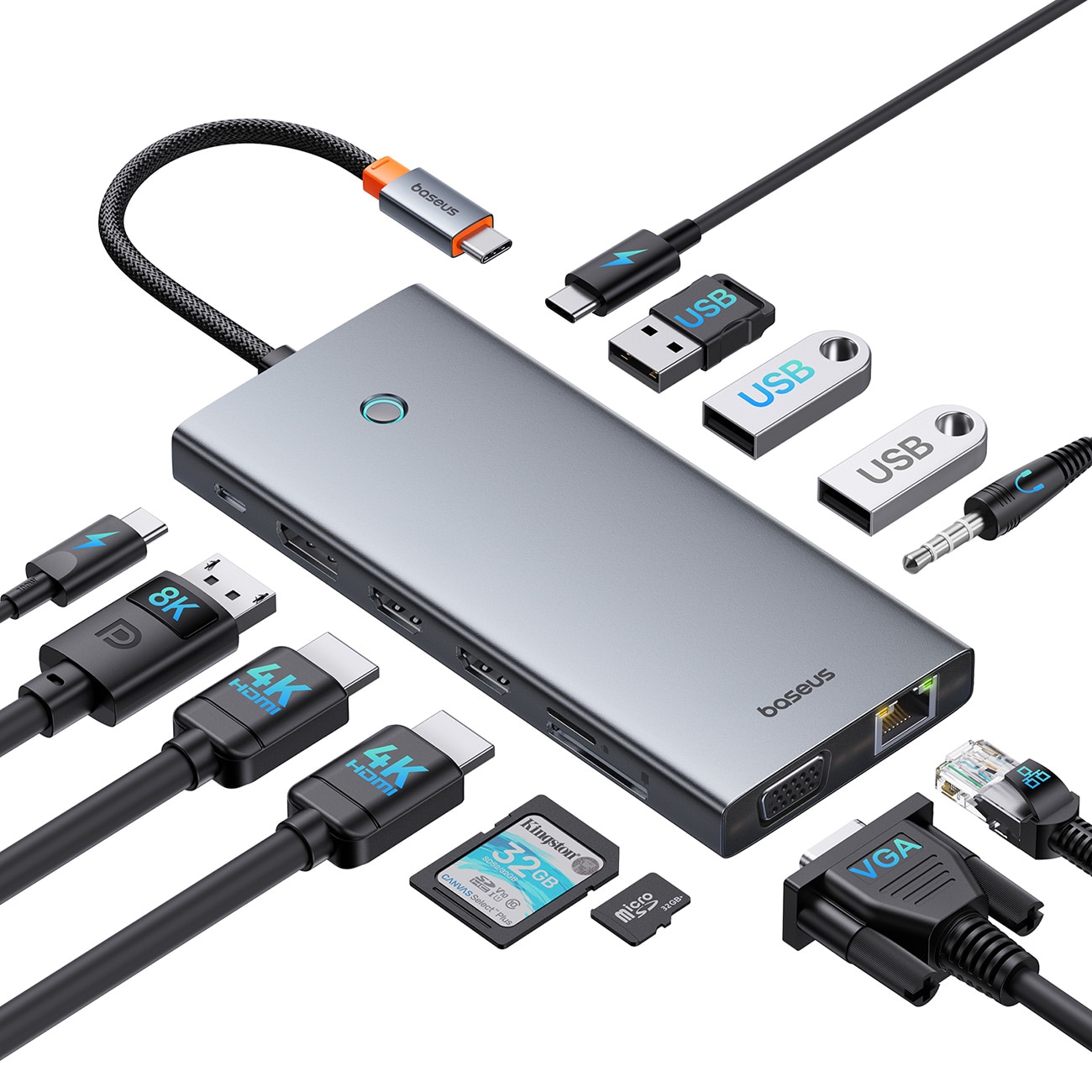 HUB Baseus PortalJoy 13in1 USB-C Hub - 2x HDMI/DP/VGA/USB-A/C/PD/RJ45/SD/TF/AUX - grå
