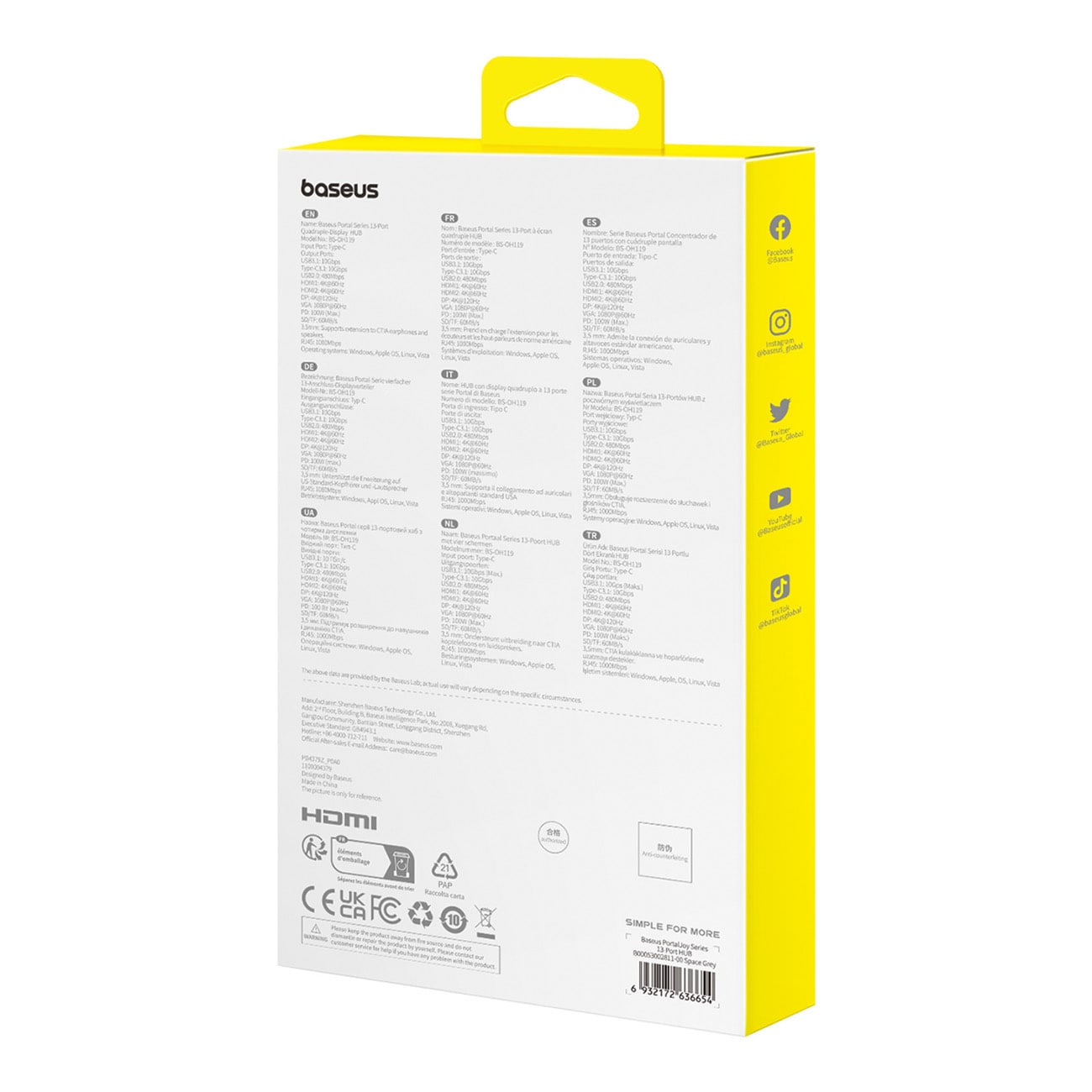 HUB Baseus PortalJoy 13in1 USB-C Hub - 2x HDMI/DP/VGA/USB-A/C/PD/RJ45/SD/TF/AUX - grå