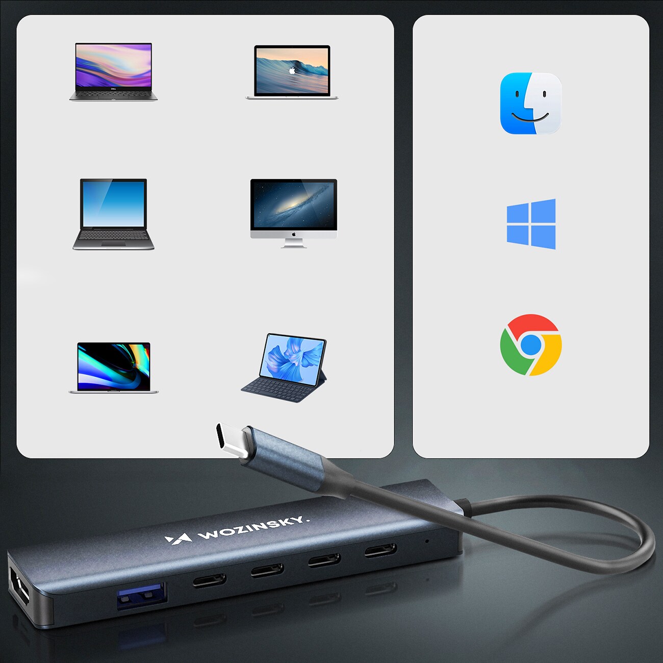 USB-C 6 i 1-hub Wozinsky WHBC10Y4S Multifunktionel, aluminium, med 25 cm kabel - grå