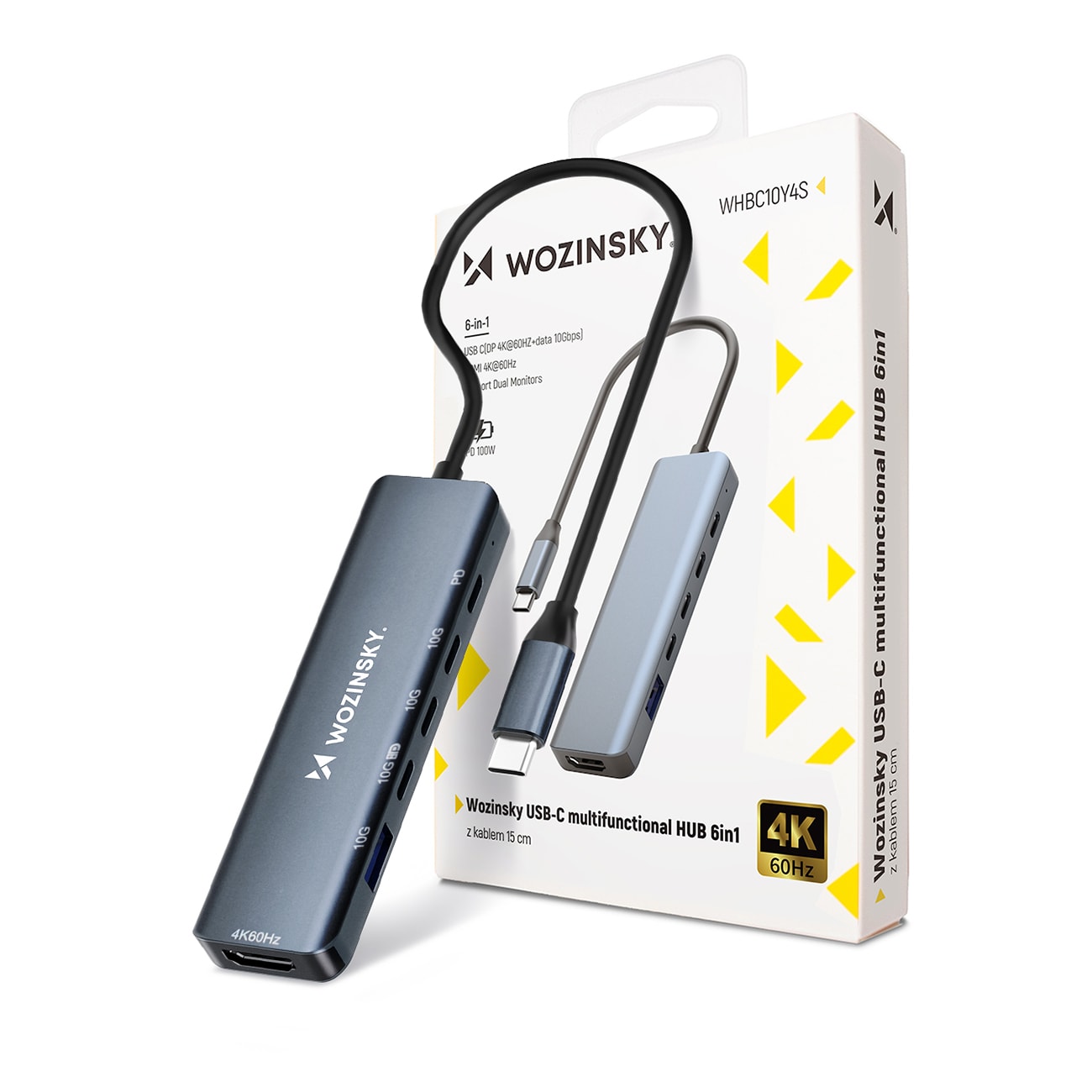 USB-C 6 i 1-hub Wozinsky WHBC10Y4S Multifunktionel, aluminium, med 25 cm kabel - grå