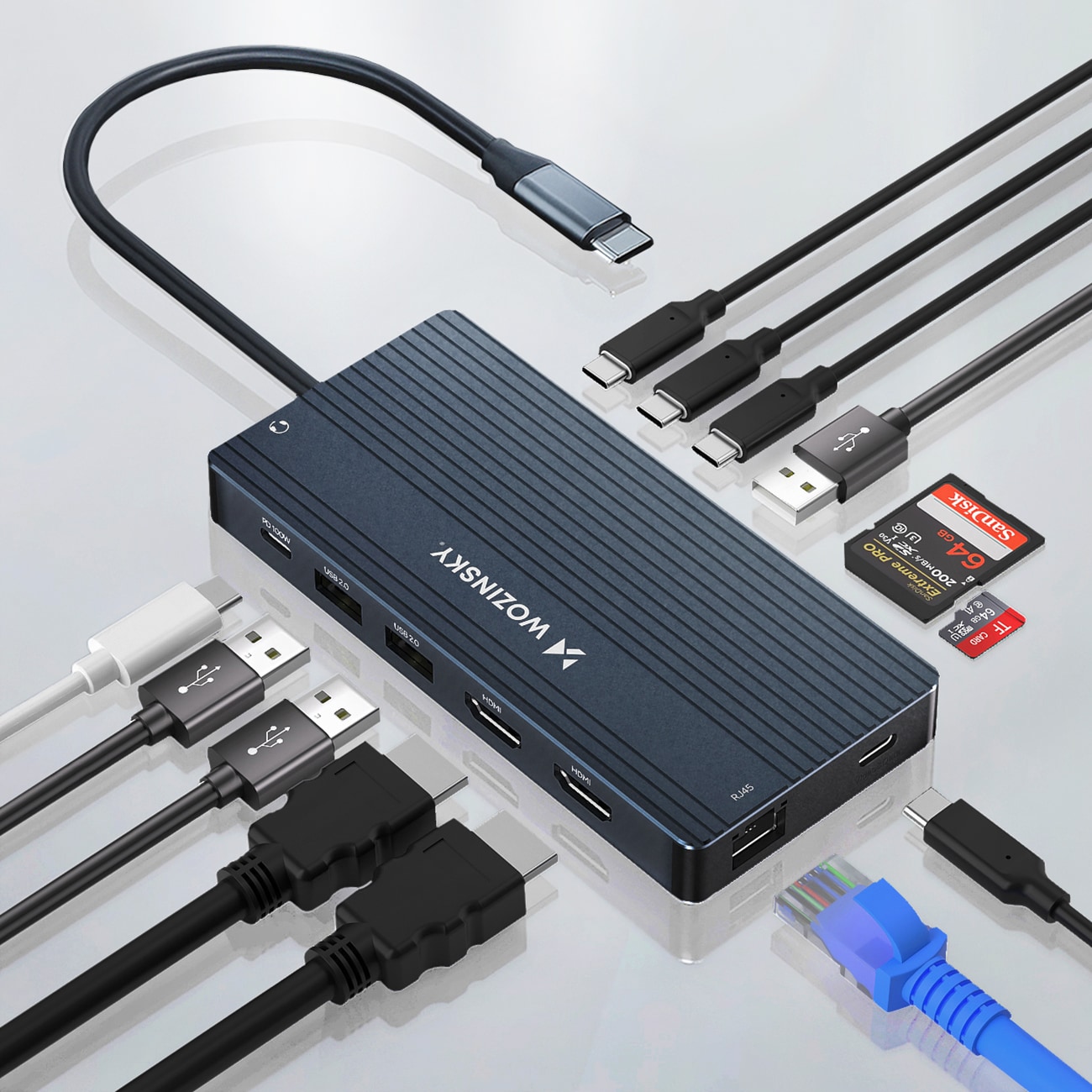 USB-C Hub 14 i 1 Wozinsky WDS03Y5S Multifunktionel, aluminium, til 3 skærme, med 15 cm kabel - Grå