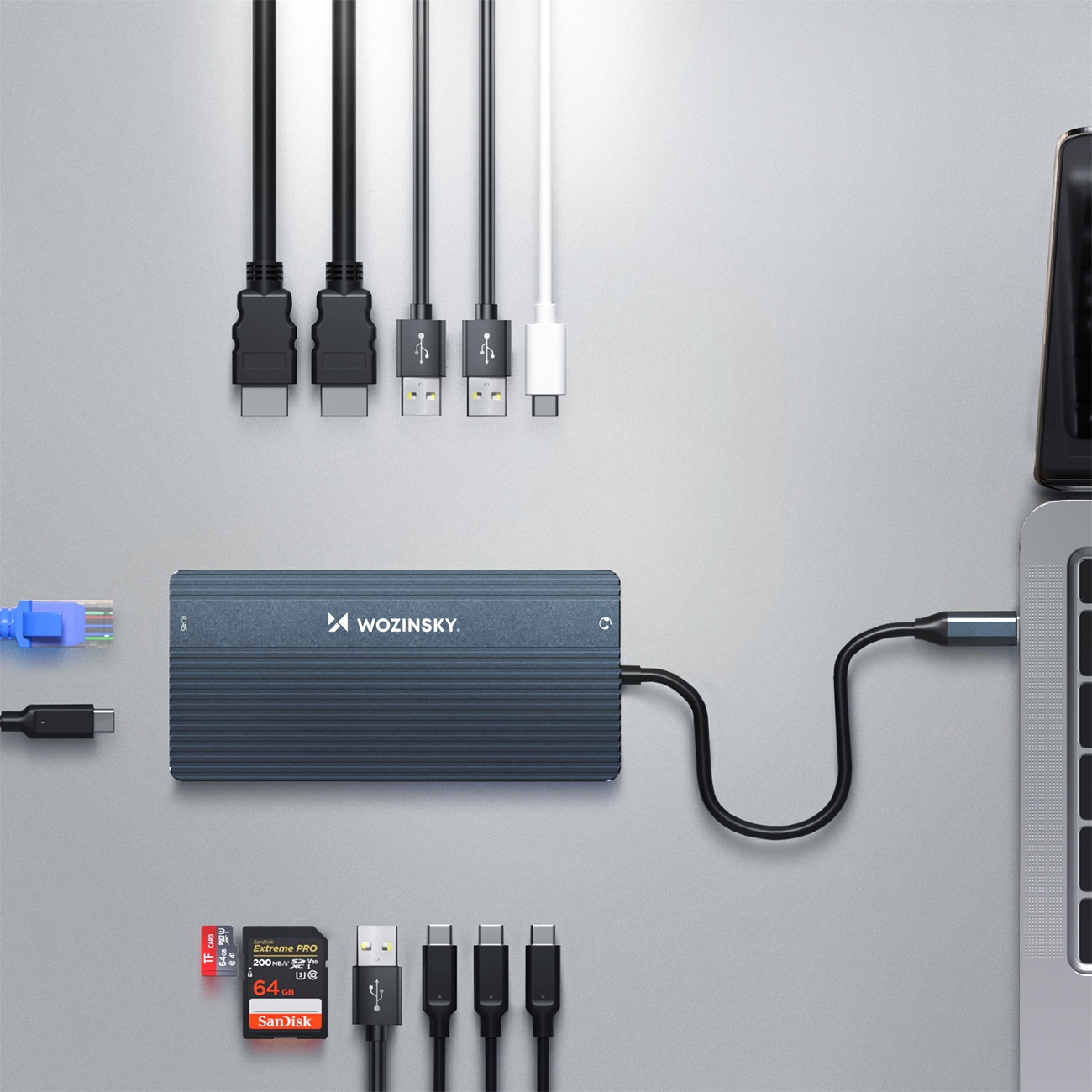 USB-C Hub 14 i 1 Wozinsky WDS03Y5S - aluminium, 4K til tre skærme, 100 W PD, 10 Gbps