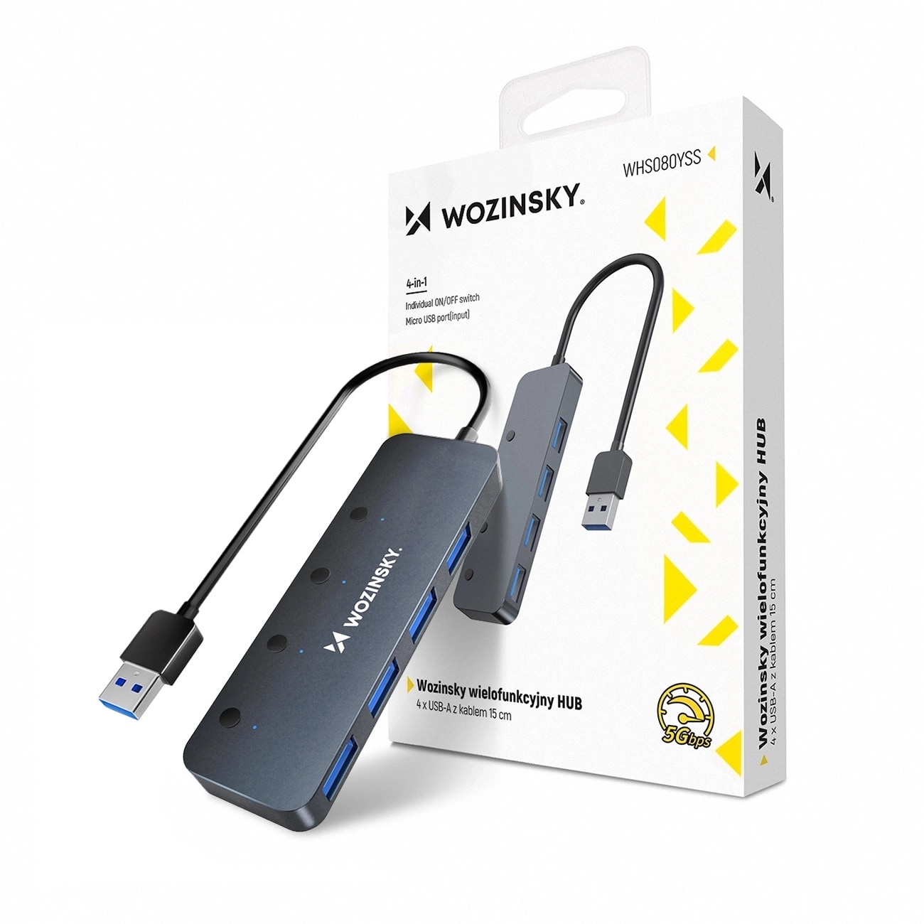 USB-A Hub Wozinsky WHS080YSS 4x USB-A 3.0 med individuelle kontakter, alum., 30 cm kabel - grå
