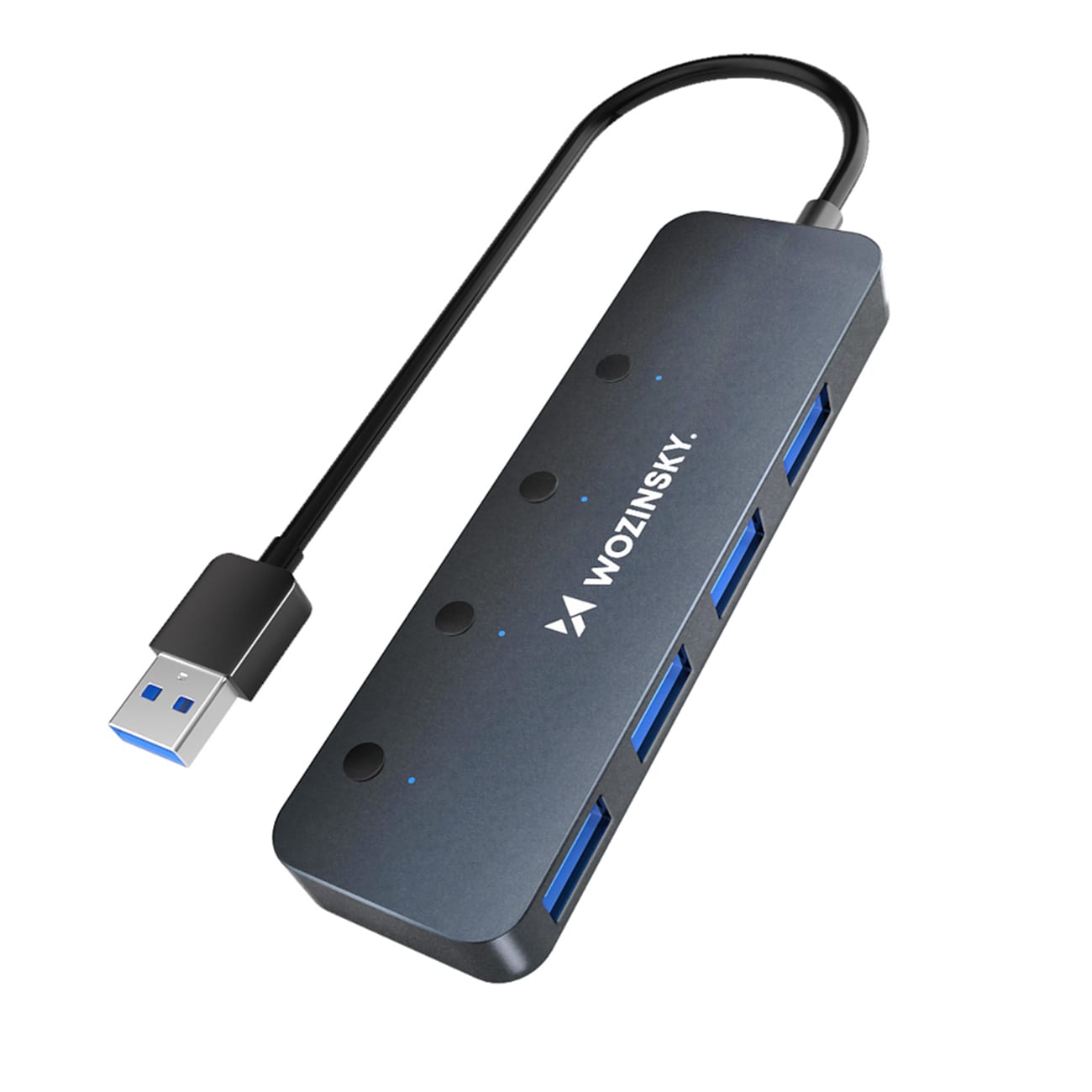 USB-A Hub Wozinsky WHS080YSS 4x USB-A 3.0 med individuelle kontakter, alum., 30 cm kabel - grå