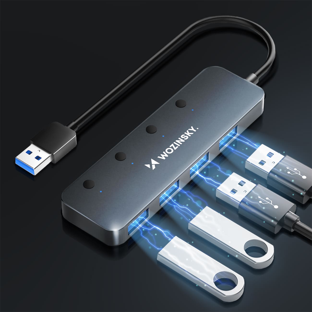 USB-A Hub Wozinsky WHS080YSS 4x USB-A 3.0 med individuelle kontakter, alum., 30 cm kabel - grå
