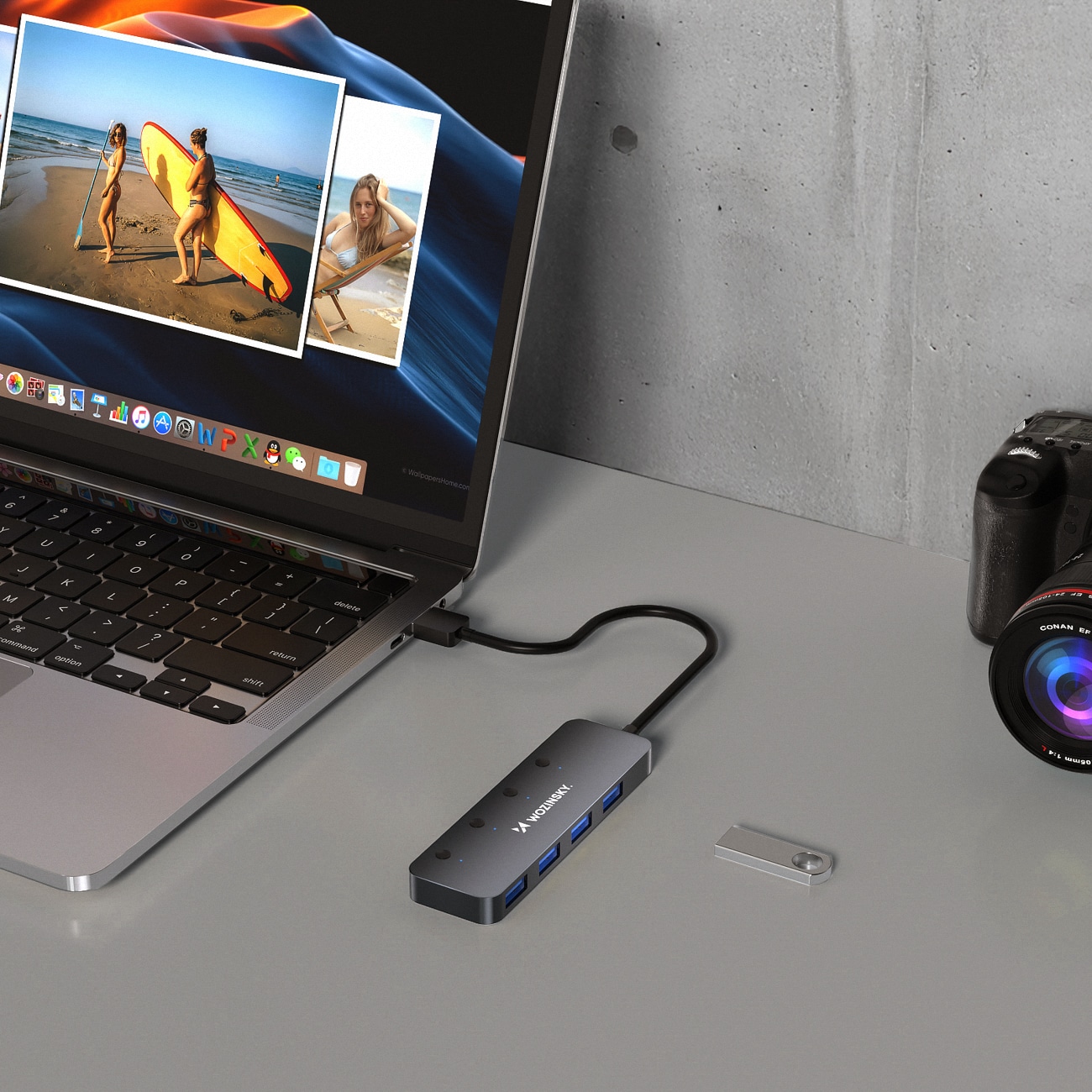 USB-A Hub Wozinsky WHS080YSS 4x USB-A 3.0 med individuelle kontakter, alum., 30 cm kabel - grå