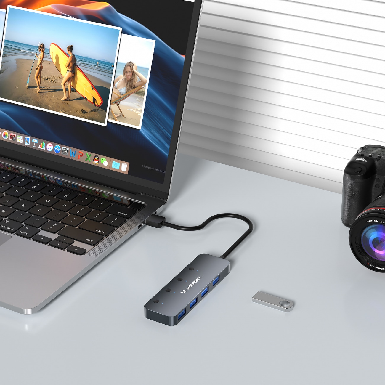 USB-A Hub Wozinsky WHS080YSS 4x USB-A 3.0 med individuelle kontakter, alum., 30 cm kabel - grå