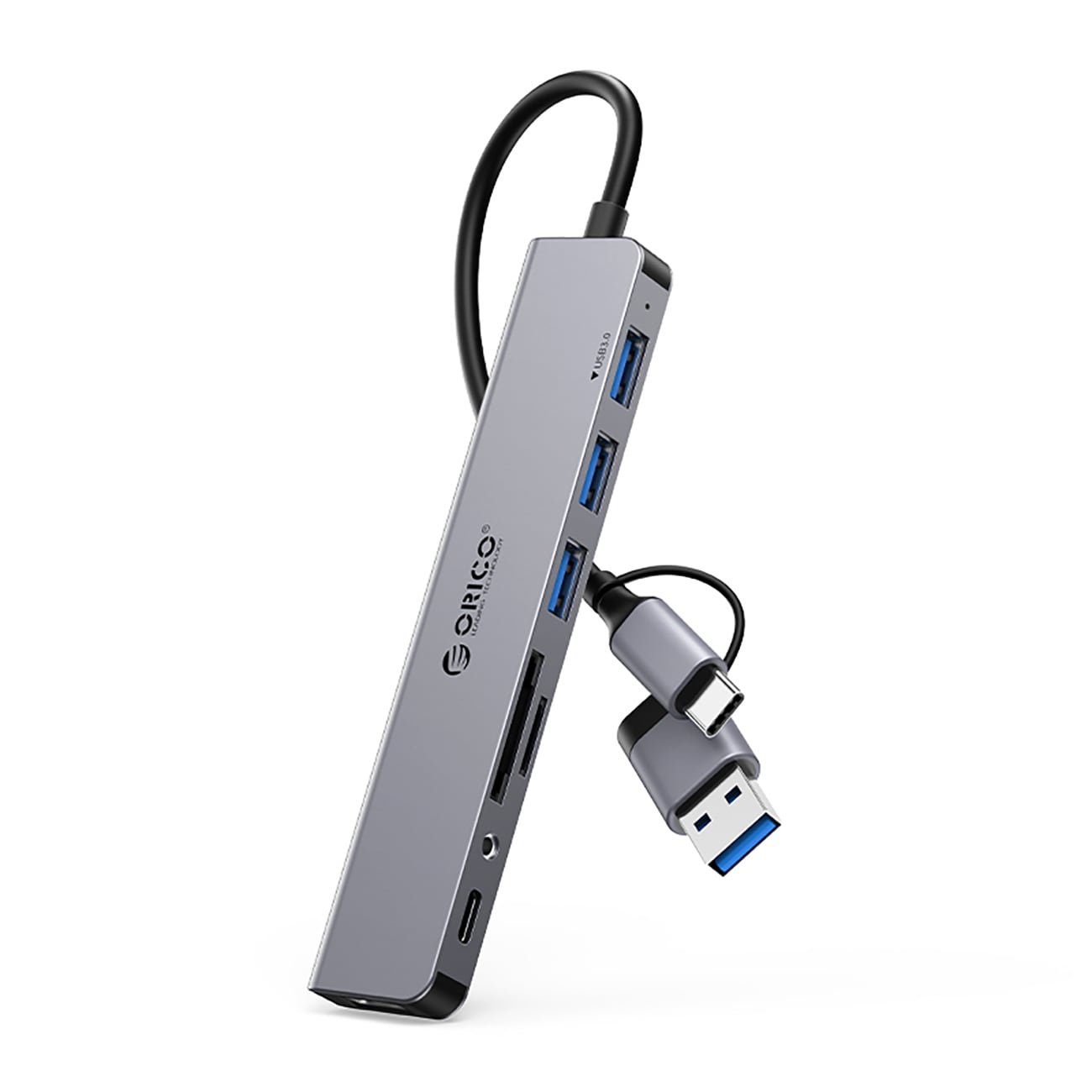 Orico YSA8-U3 USB Hub Dock 3x USB-A 2.0, 1x USB-A 3.0, 1x USB-C, 1x 3.5mm Audio, 2x TF/SD - Grå