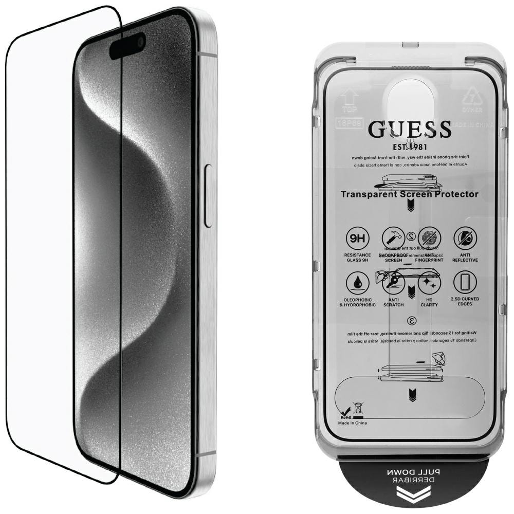 Guess BP Rhinestone 2-i-1-sæt med skærmbeskyttelse og kameralinse til iPhone 16 Pro Max - Sølv