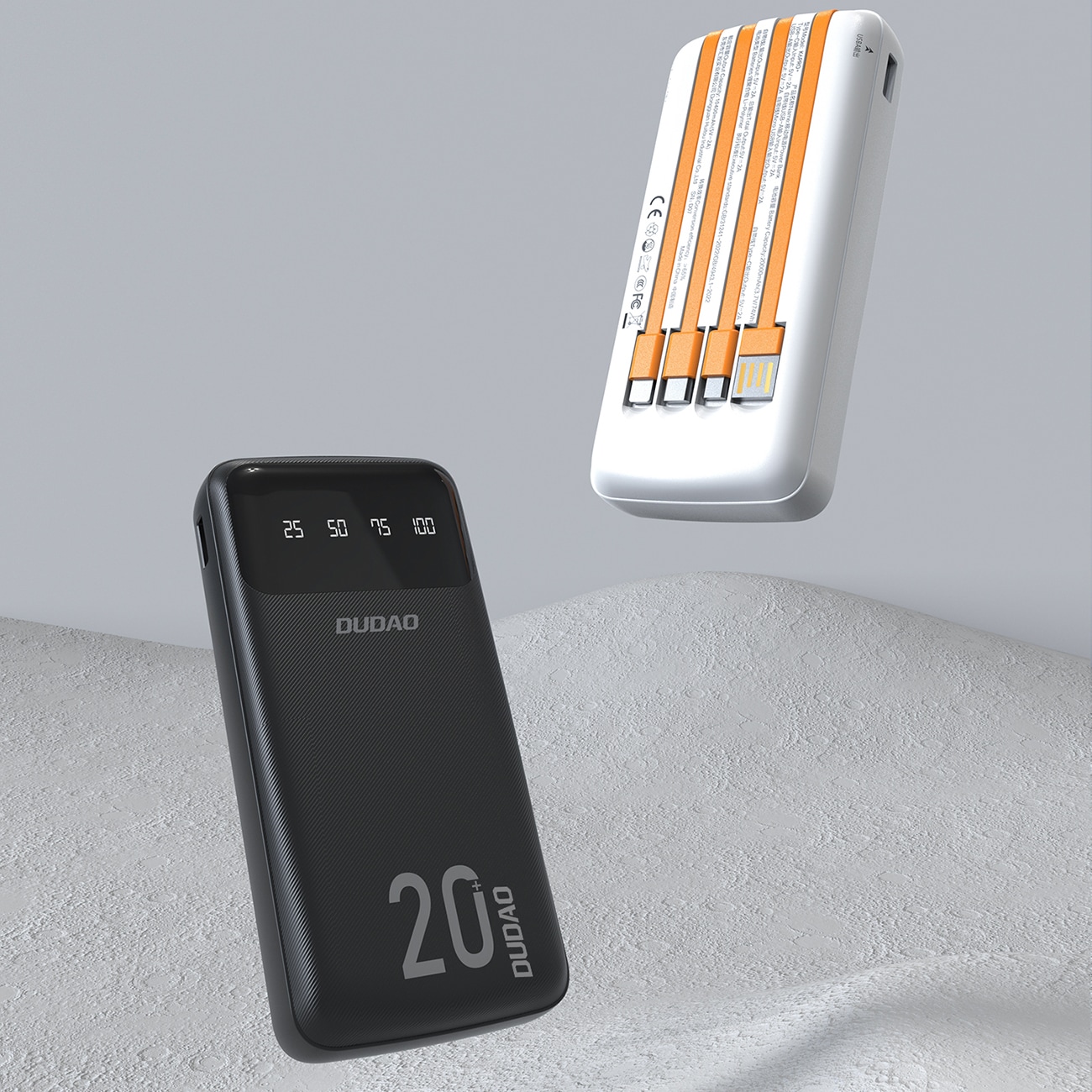 Dudao K6Pro+ 20000mAh powerbank med 3 kabler: USB Type C, micro USB, Lightning - sort