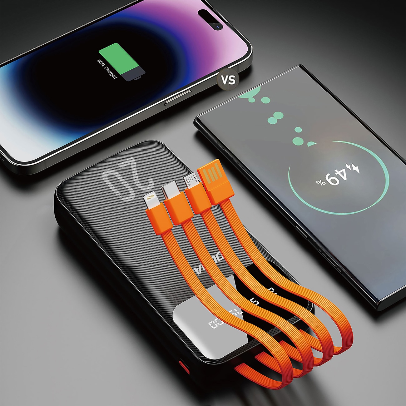 Dudao K6Pro+ 20000mAh powerbank med 3 kabler: USB Type C, micro USB, Lightning - sort