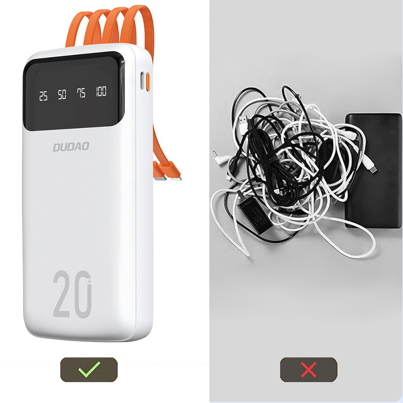 Dudao K6Pro+ 20000mAh powerbank med 3 kabler: USB Type C, micro USB, Lightning - sort