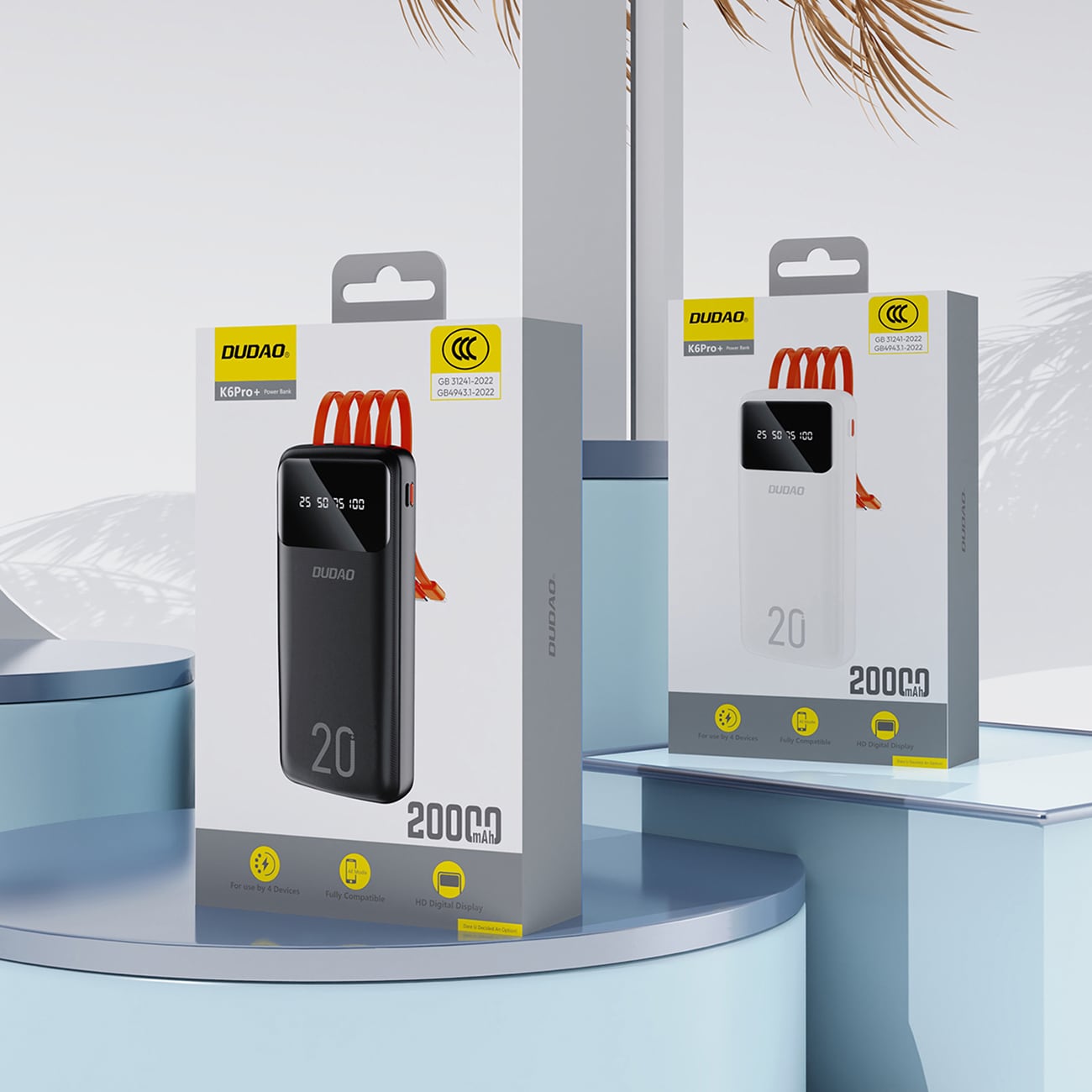 Dudao K6Pro+ 20000mAh powerbank med 3 kabler: USB Type C, micro USB, Lightning - sort