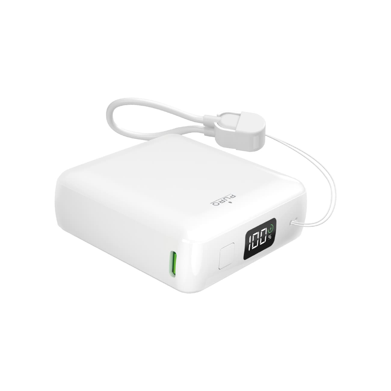Puro 10000mAh 20W USB-C USB-A Power Bank med display og indbygget USB-C-kabel - Hvid