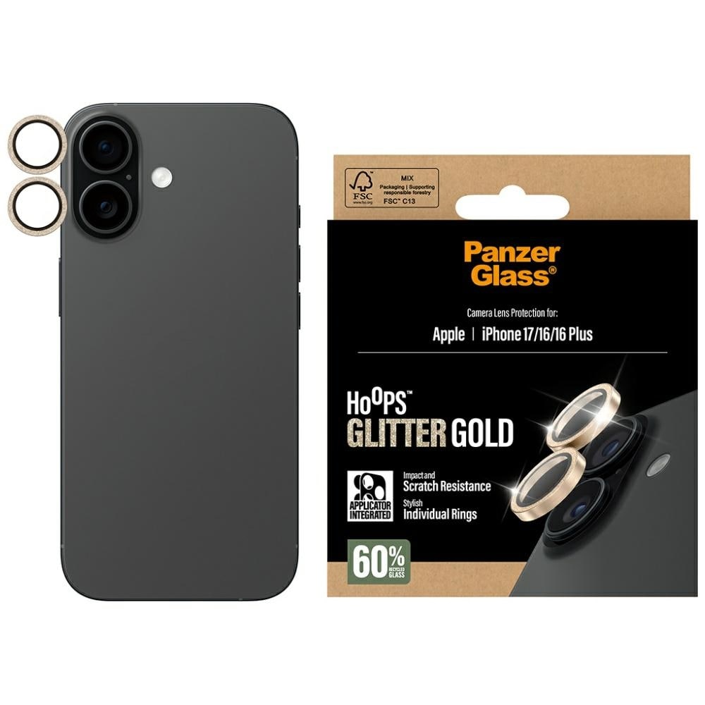 PanzerGlass Hoops Glitter hærdet glaslinse skærmbeskytter til iPhone 17 / 16 / 16 Plus - Guld