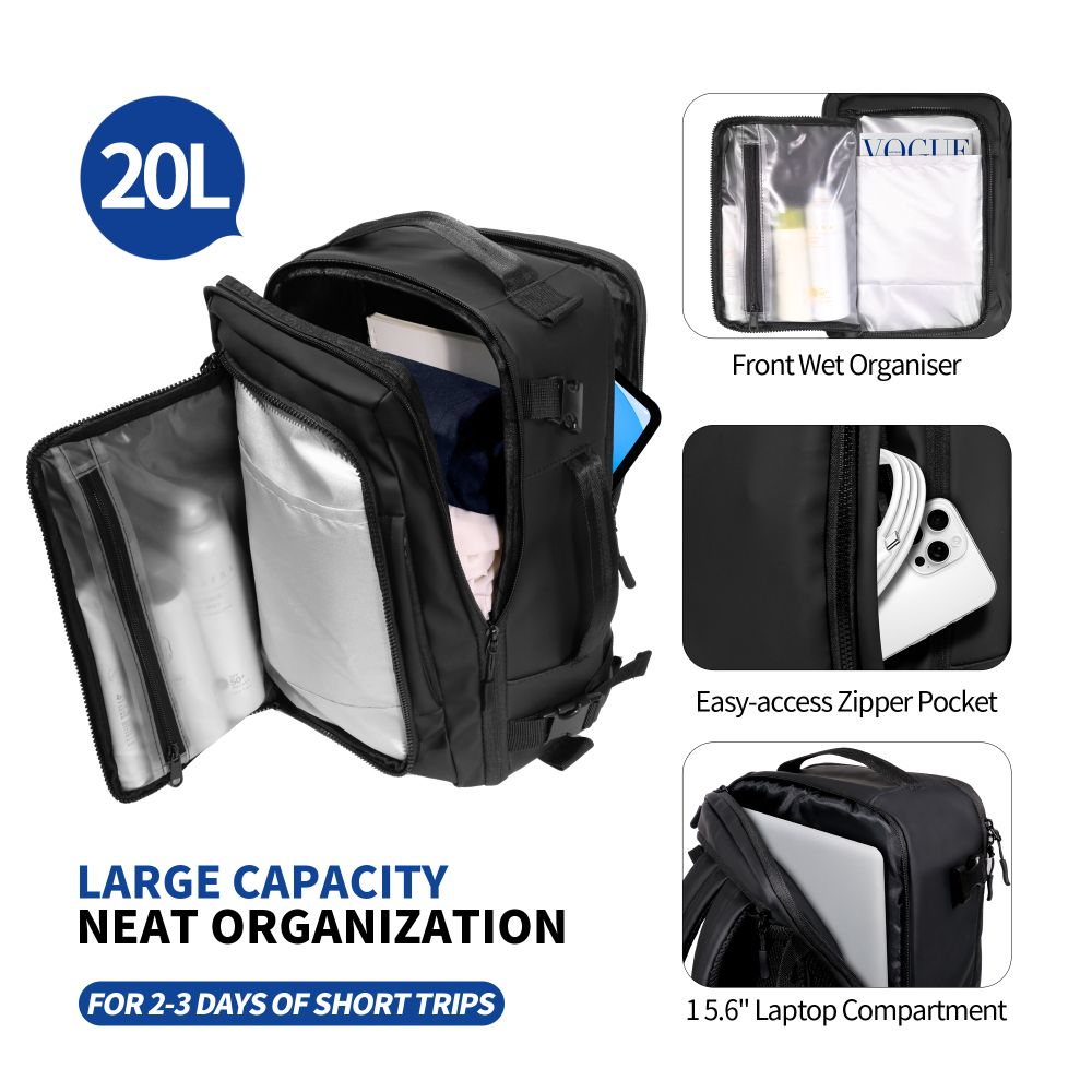 Tech-Protect Defender S50-rygsæk til Ryanair & Wizzar, 20L bærbar computer - Sort
