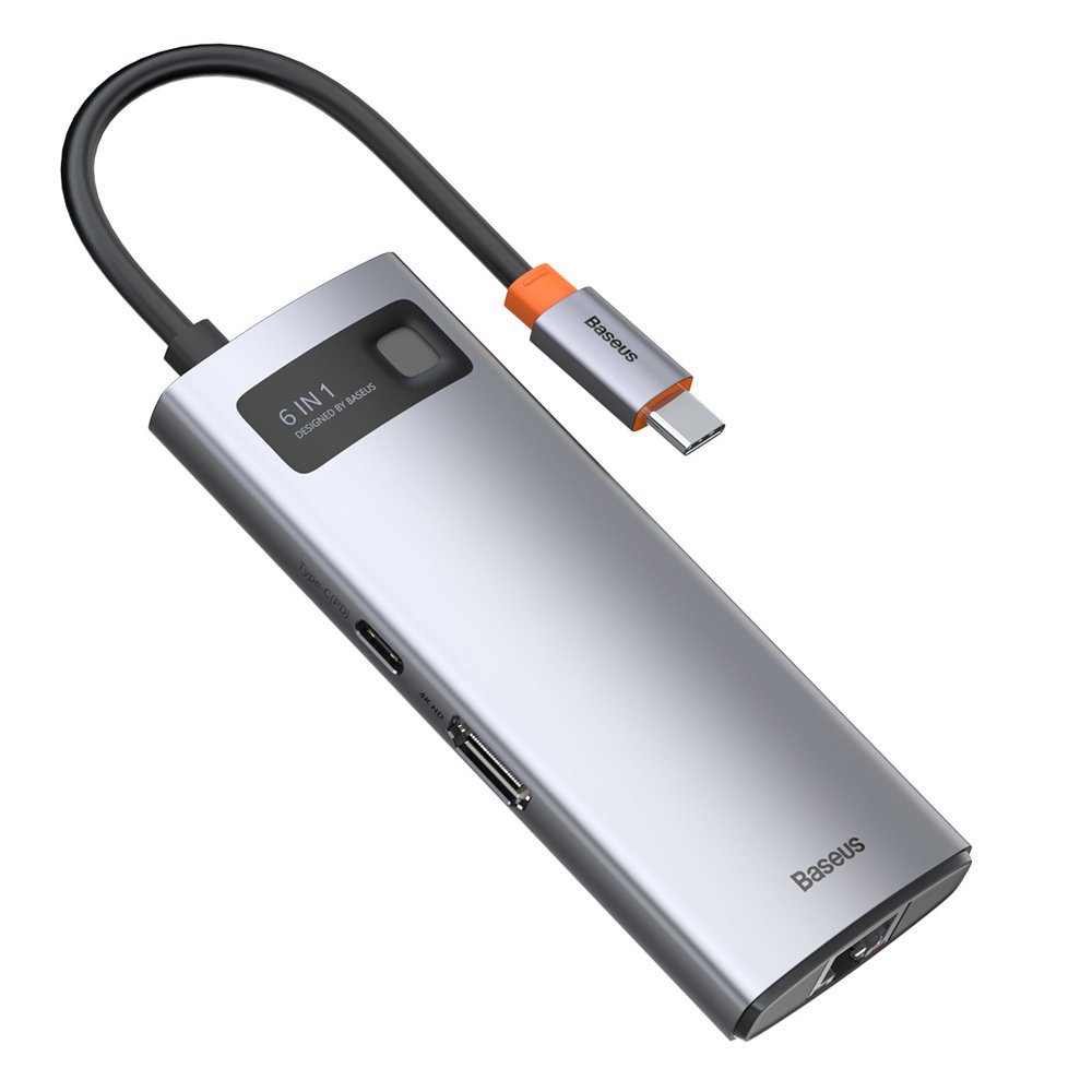Baseus Metal Gleam 6-in-1 USB-C - USB-C PD 100W HUB 1x HDMI 4K 30Hz 3x USB-A 3.2 1x RJ45 - grå