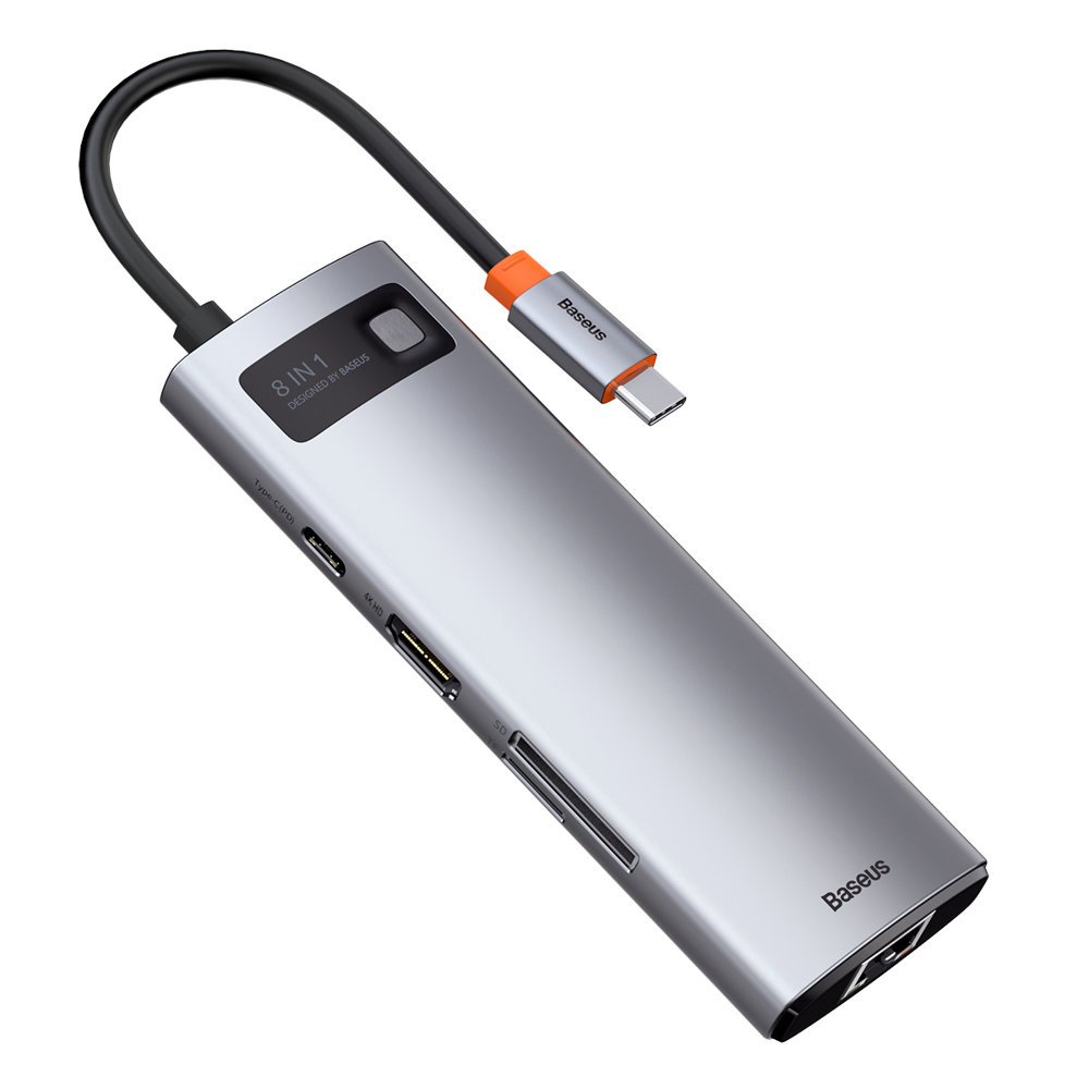Baseus Metal Gleam 8-in-1 USB-C Hub - 100W PD, 1x HDMI 4K, 1x SD/microSD, 3x USB-A, 1x RJ45 - grå