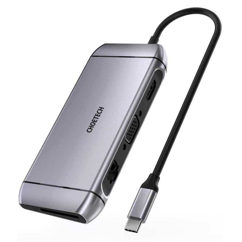 Choetech 9in1 USB Type C HUB - 3x USB 3.2 Gen 1, HDMI 4K, VGA Full HD, SD/TF kortlæser, RJ45 grå
