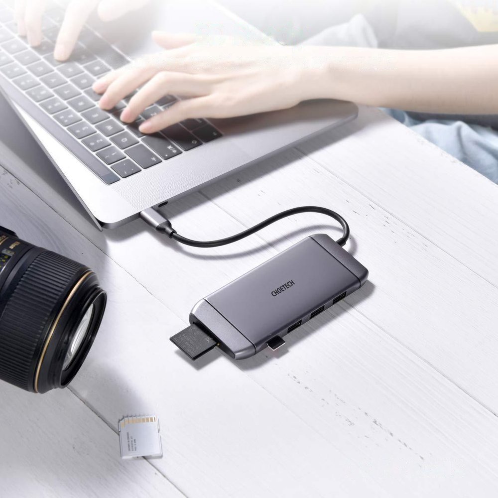 Choetech 9in1 USB Type C HUB - 3x USB 3.2 Gen 1, HDMI 4K, VGA Full HD, SD/TF kortlæser, RJ45 grå