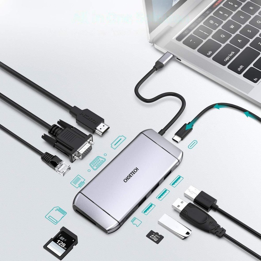 Choetech 9in1 USB Type C HUB - 3x USB 3.2 Gen 1, HDMI 4K, VGA Full HD, SD/TF kortlæser, RJ45 grå