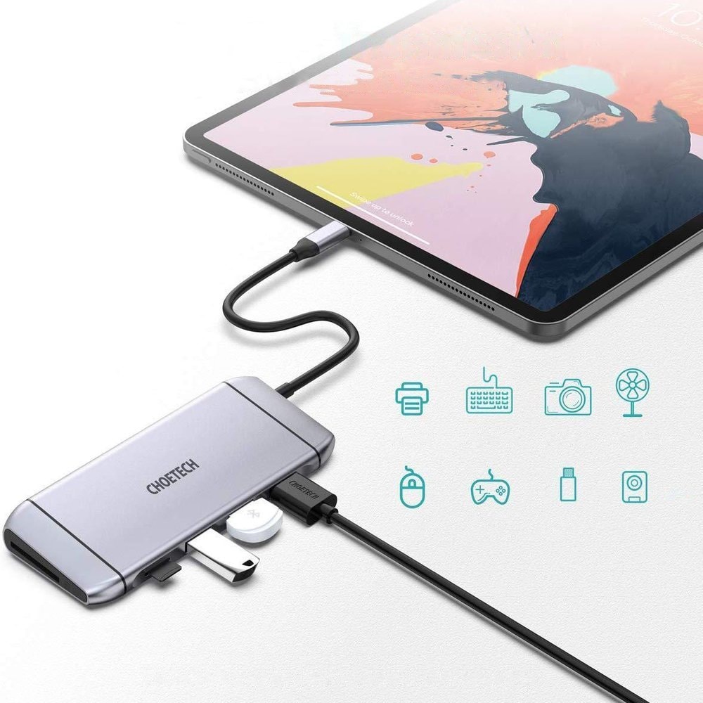 Choetech 9in1 USB Type C HUB - 3x USB 3.2 Gen 1, HDMI 4K, VGA Full HD, SD/TF kortlæser, RJ45 grå