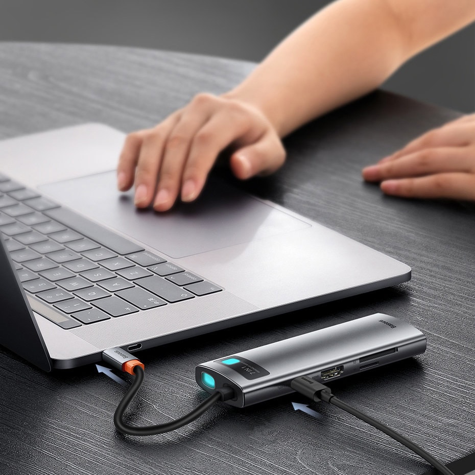 Baseus Metal Gleam Series multifunktionel USB HUB 7in1 Type C HDMI TF PD kortlæser grå (WKWG020113)