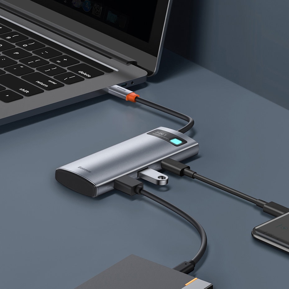 Baseus Metal Gleam Series multifunktionel USB HUB 7in1 Type C HDMI TF PD kortlæser grå (WKWG020113)