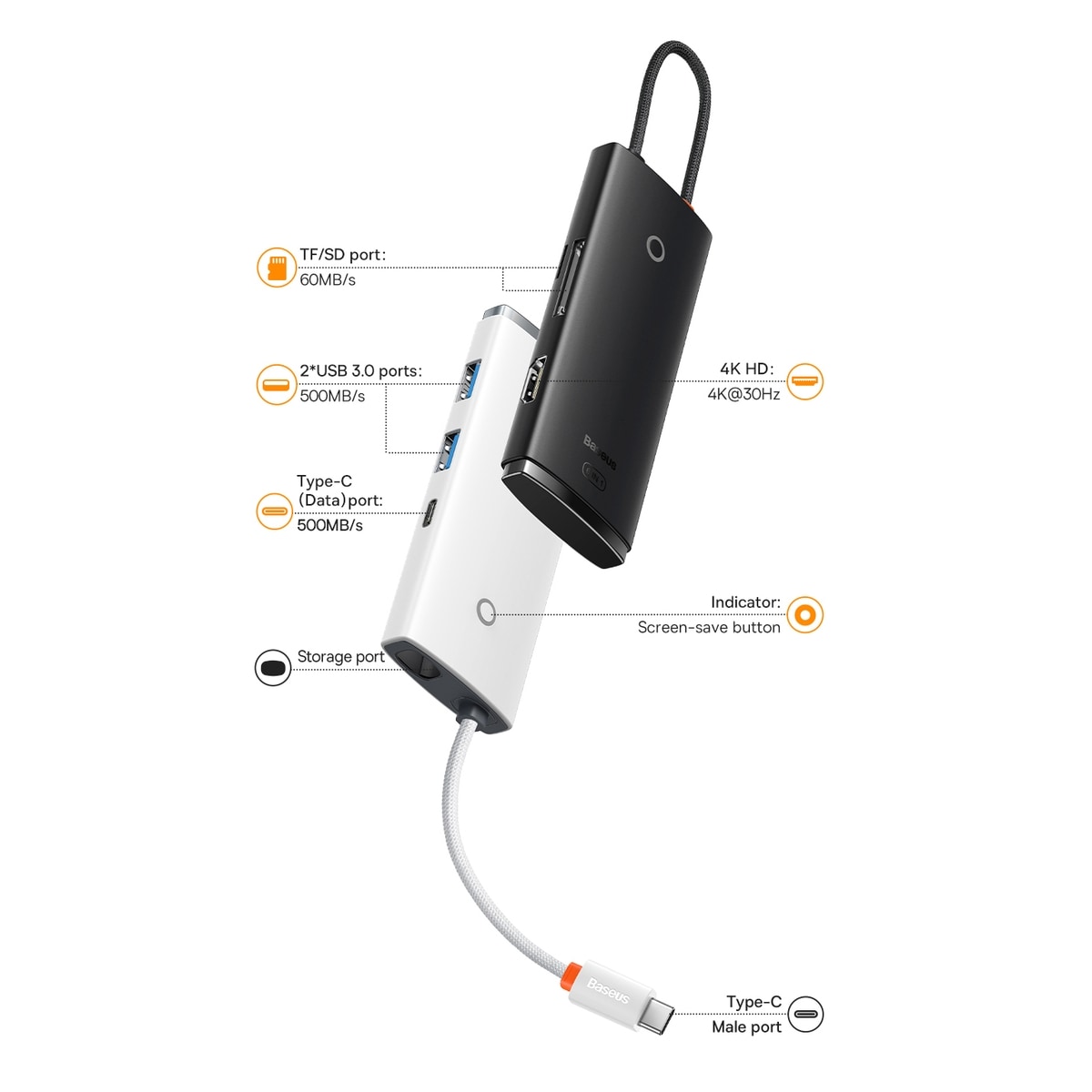 Baseus Lite Series USB Type C Hub - 2x USB 3.0, USB Type C, HDMI 1.4, SD/TF OTG, Black (WKQX050001)