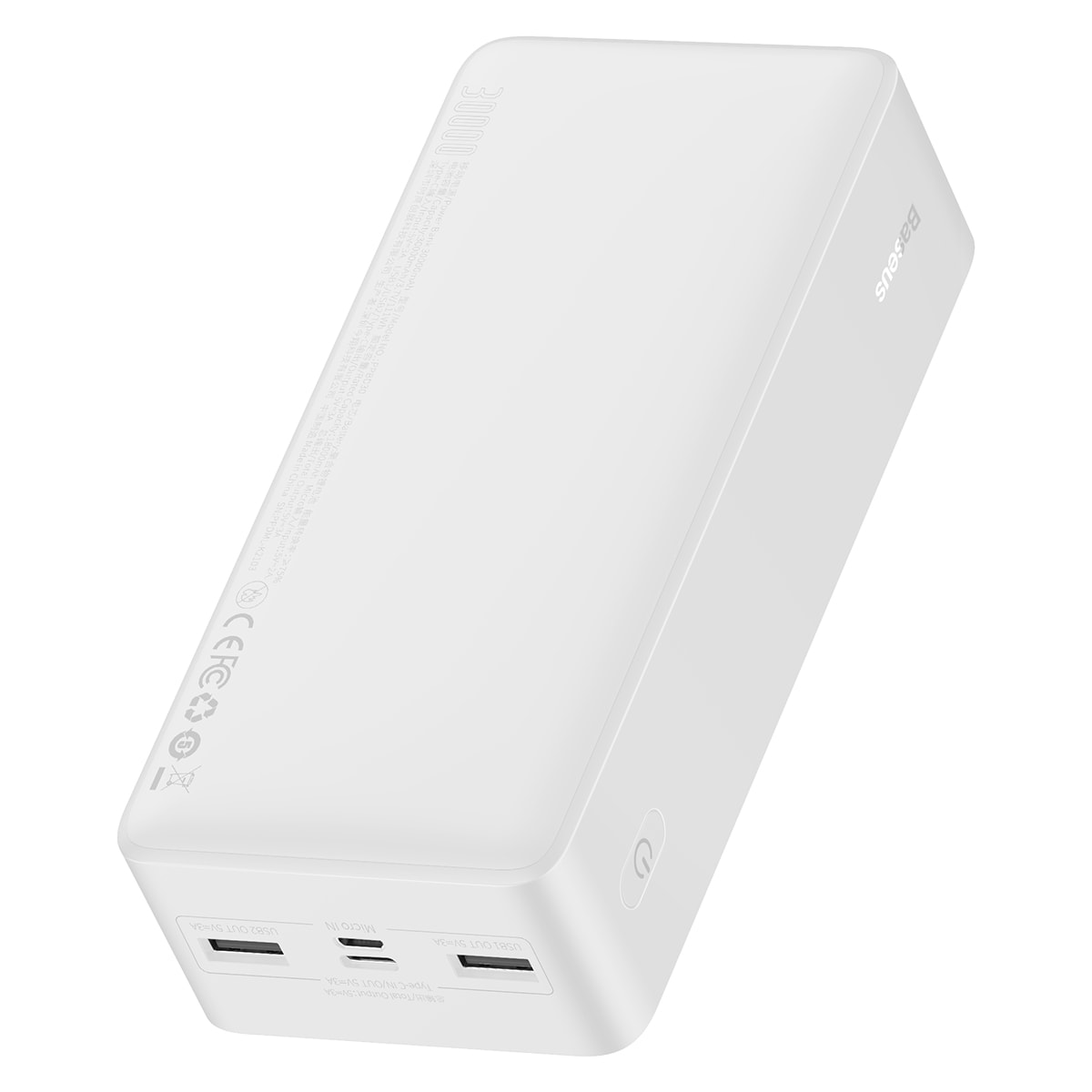 Baseus Bipow 30000mAh Powerbank med display 15W hvid + USB-A - Micro USB-kabel 0.25m hvid
