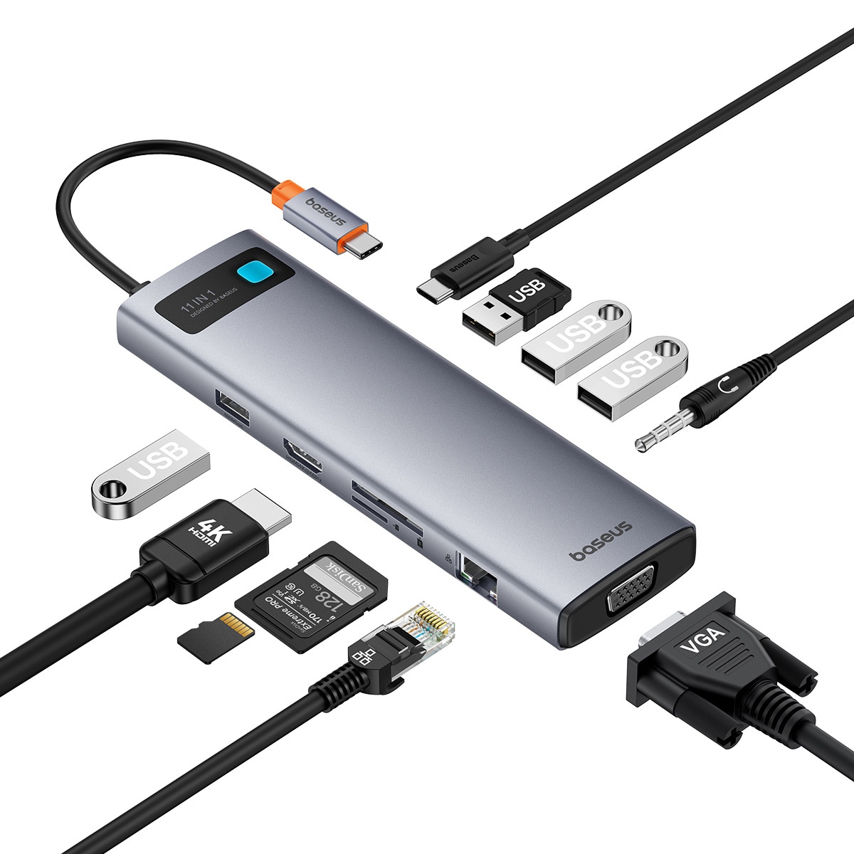 HUB 11in1 Baseus Metal Gleam USB-C/USB-A/HDMI/VGA/AUX/RJ-45/SD TF - grå