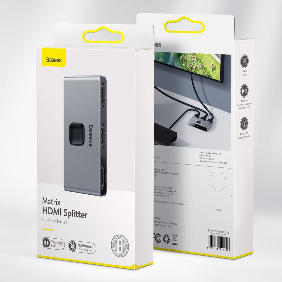 Baseus tovejs switch splitter switcher HDMI - 2x HDMI 4K / 30 Hz grå (CAHUB-BC0G)