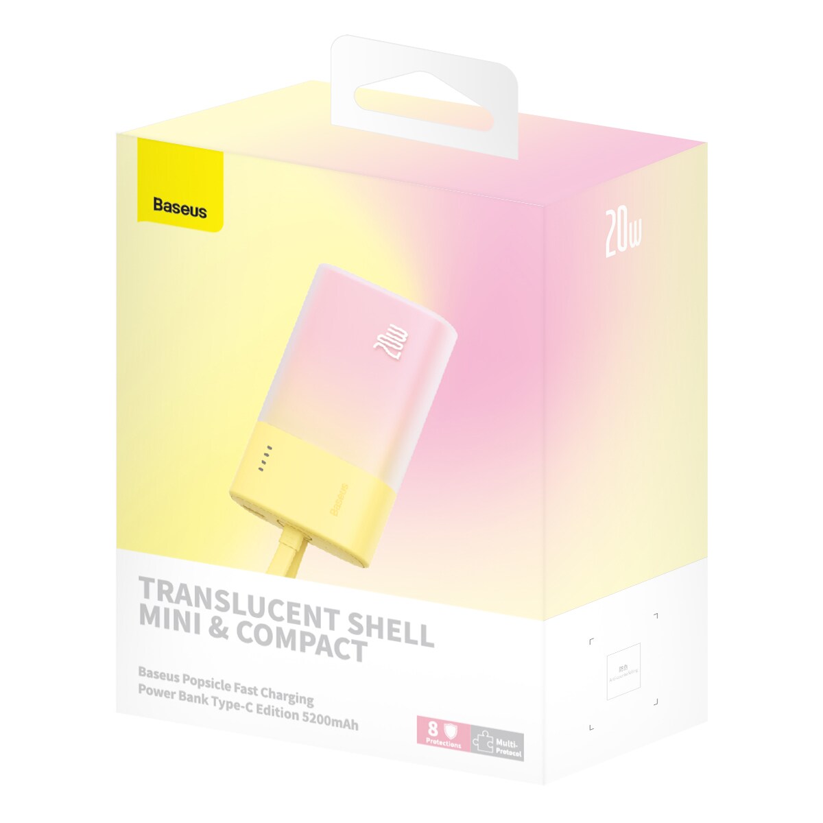 Baseus Popsicle 5200mAh 20W Powerbank med lynkabel + hvidt Baseus USB-C 60W/20V/3A kabel - Gul-Pink