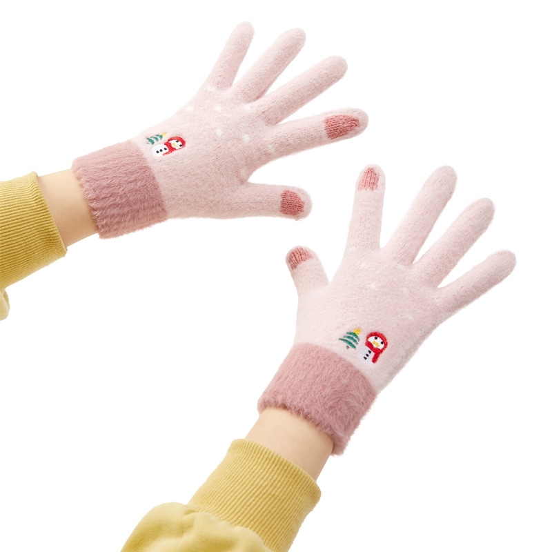 Vintertelefonhandsker til kvinder med en snemand og et juletræ - pink