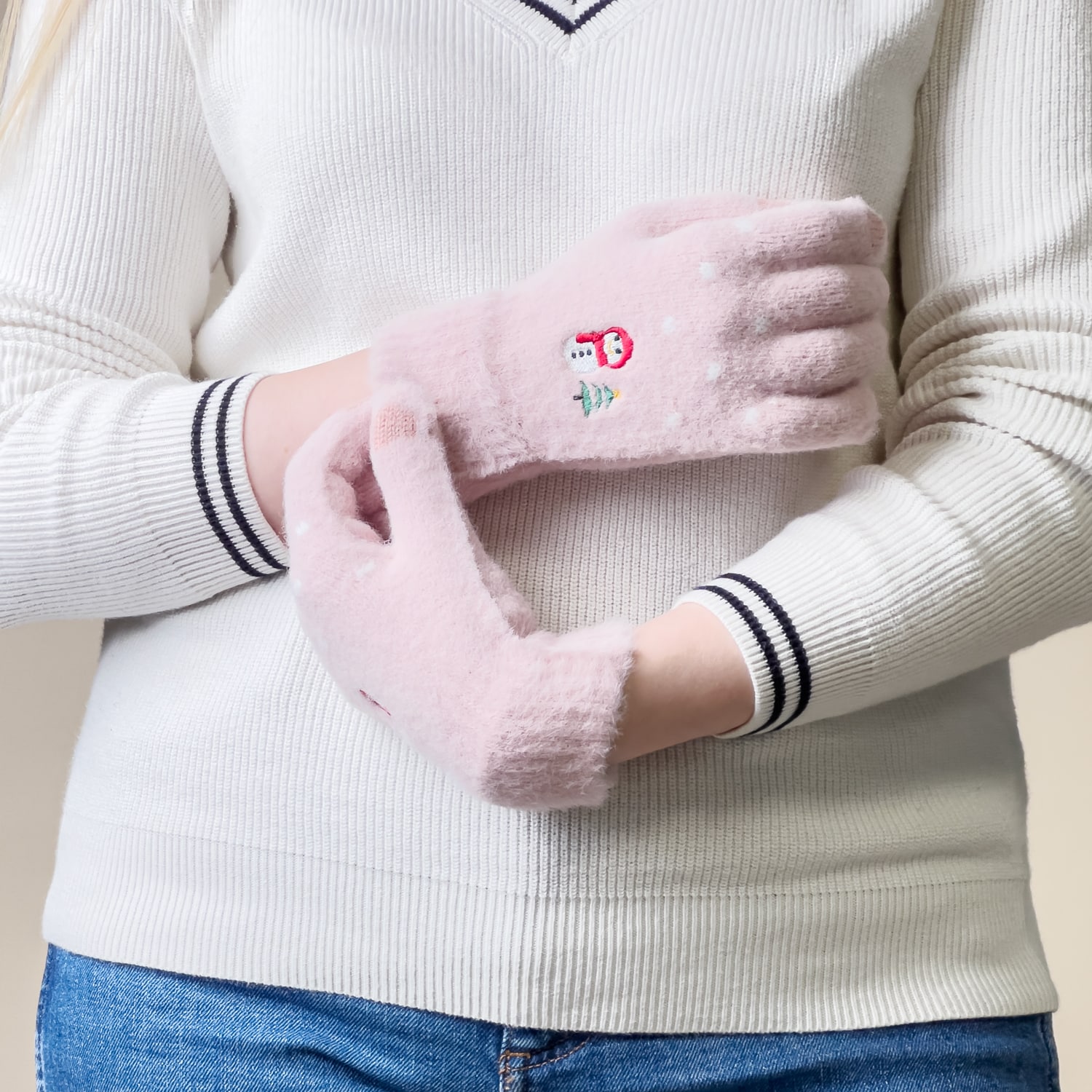 Vintertelefonhandsker til kvinder med en snemand og et juletræ - pink