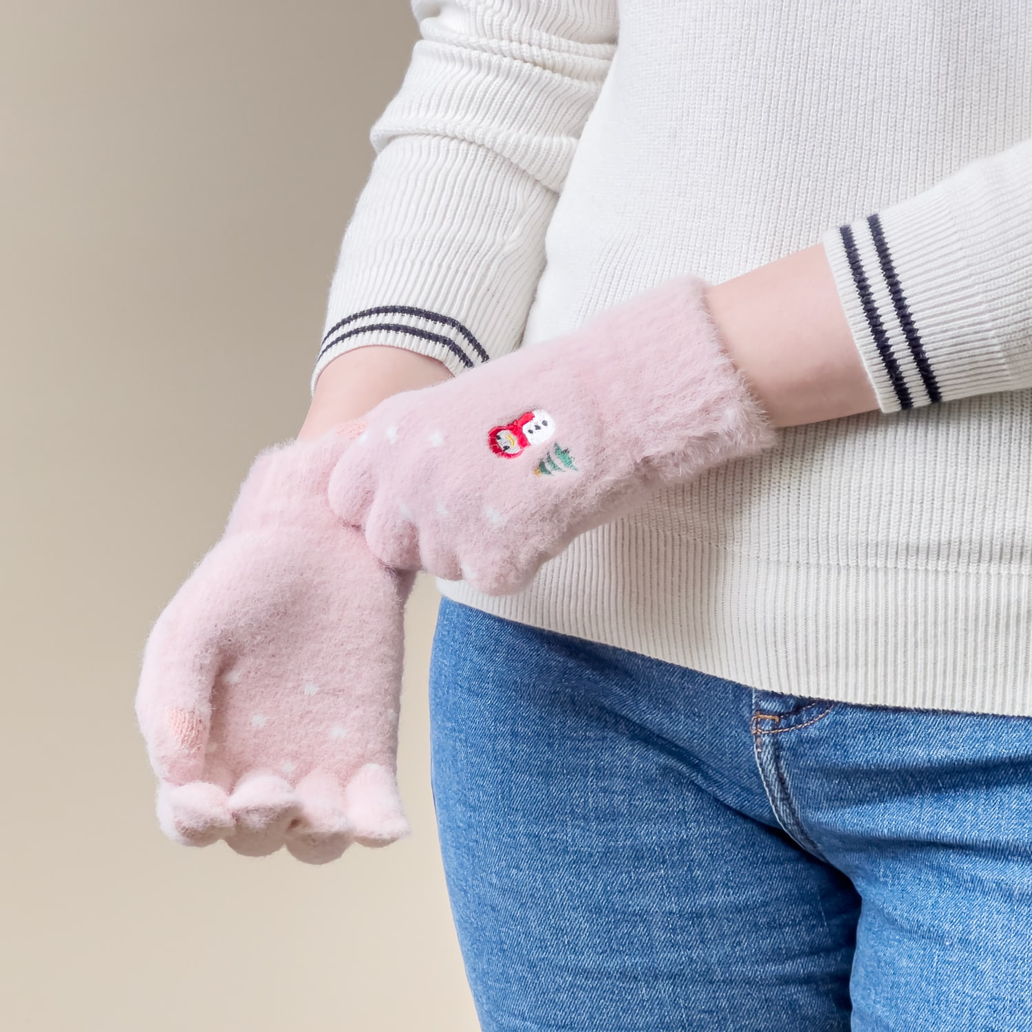 Vintertelefonhandsker til kvinder med en snemand og et juletræ - pink