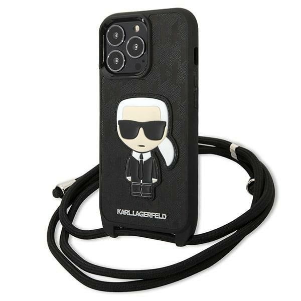 Karl Lagerfeld Monogram Patch og Cord Iconik-etui i læder til iPhone 13 Pro / 13 - Sort