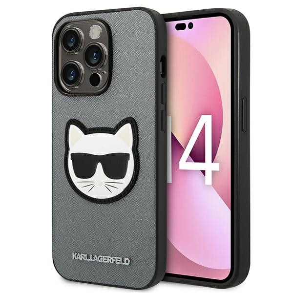 Karl Lagerfeld Saffiano Choupette Head Patch-etui til iPhone 14 Pro Max - sølv