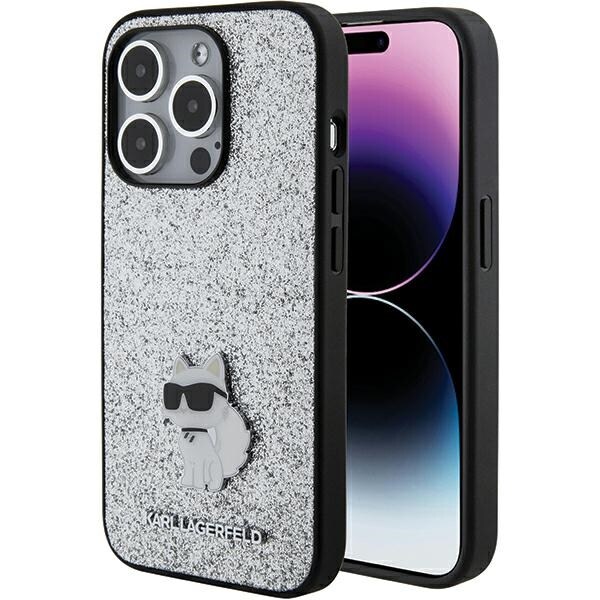 Karl Lagerfeld Fast Glitter Choupette Logo Metal Pin Etui til iPhone 15 Pro Max - Sølv