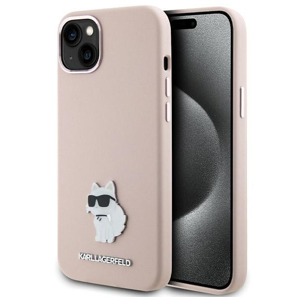 Karl Lagerfeld Silikone Choupette Metal Pin Etui til iPhone 15 Plus / 14 Plus - Pink