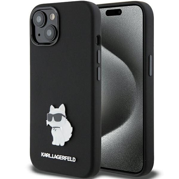 Karl Lagerfeld Silikone Choupette Metal Pin etui til iPhone 15 Plus / 14 Plus - sort