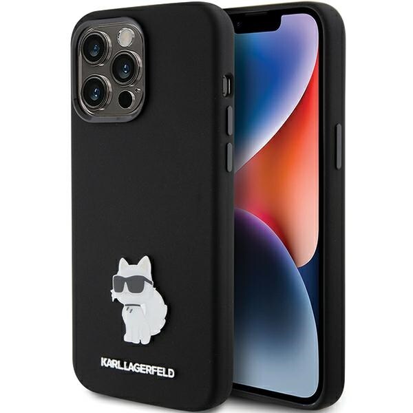 Karl Lagerfeld Silikone Choupette Metal Pin etui til iPhone 15 Pro - sort