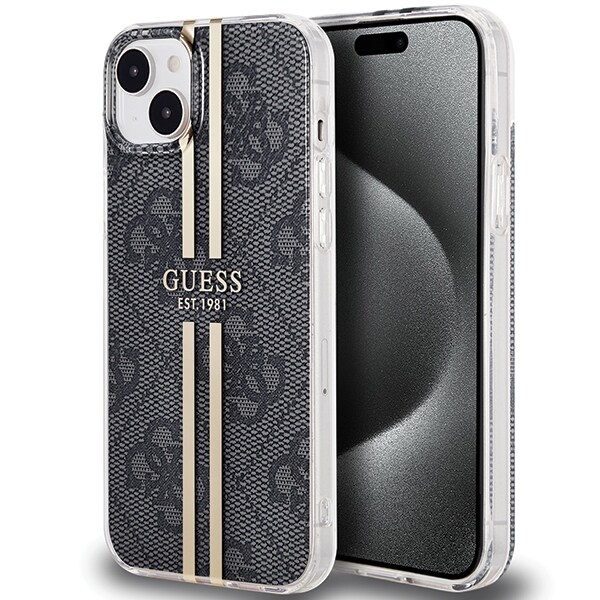 Guess IML 4G Gold Stripe-etui til iPhone 15 Plus / 14 Plus - sort