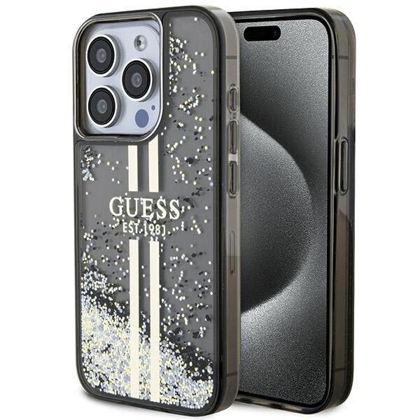 Guess Liquid Glitter Gold Stripes-etui til iPhone 15 Pro - sort