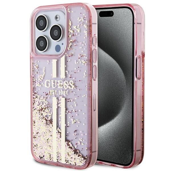 Guess Liquid Glitter Gold Stripes-etui til iPhone 15 Pro - pink