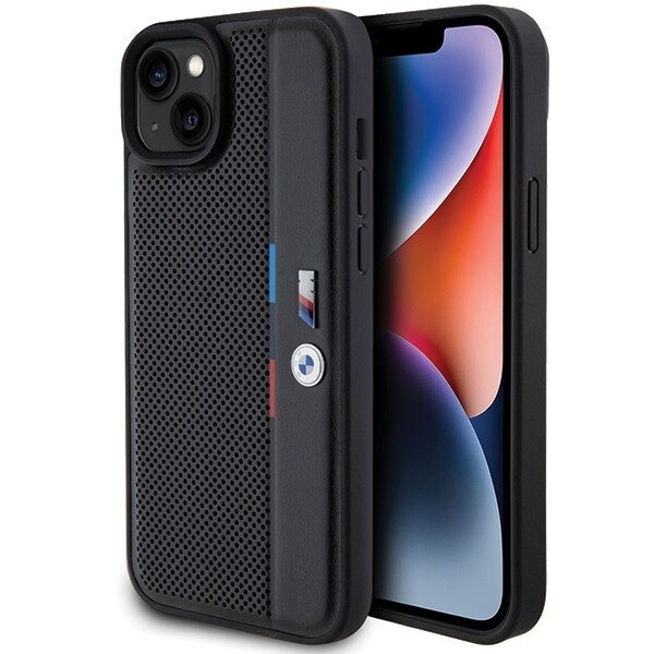 BMW Perforeret Tricolor Line-etui til iPhone 15 Plus / 14 Plus - sort