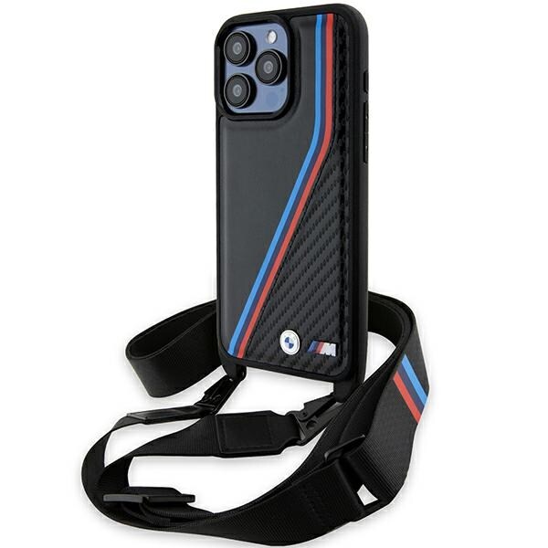 BMW M Edition Carbon Tricolor Lines & Strap-etui til iPhone 15 Pro - sort