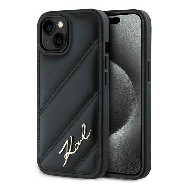 Karl Lagerfeld Diagonal Quiltet Script-etui til iPhone 15 / 14 / 13 - sort