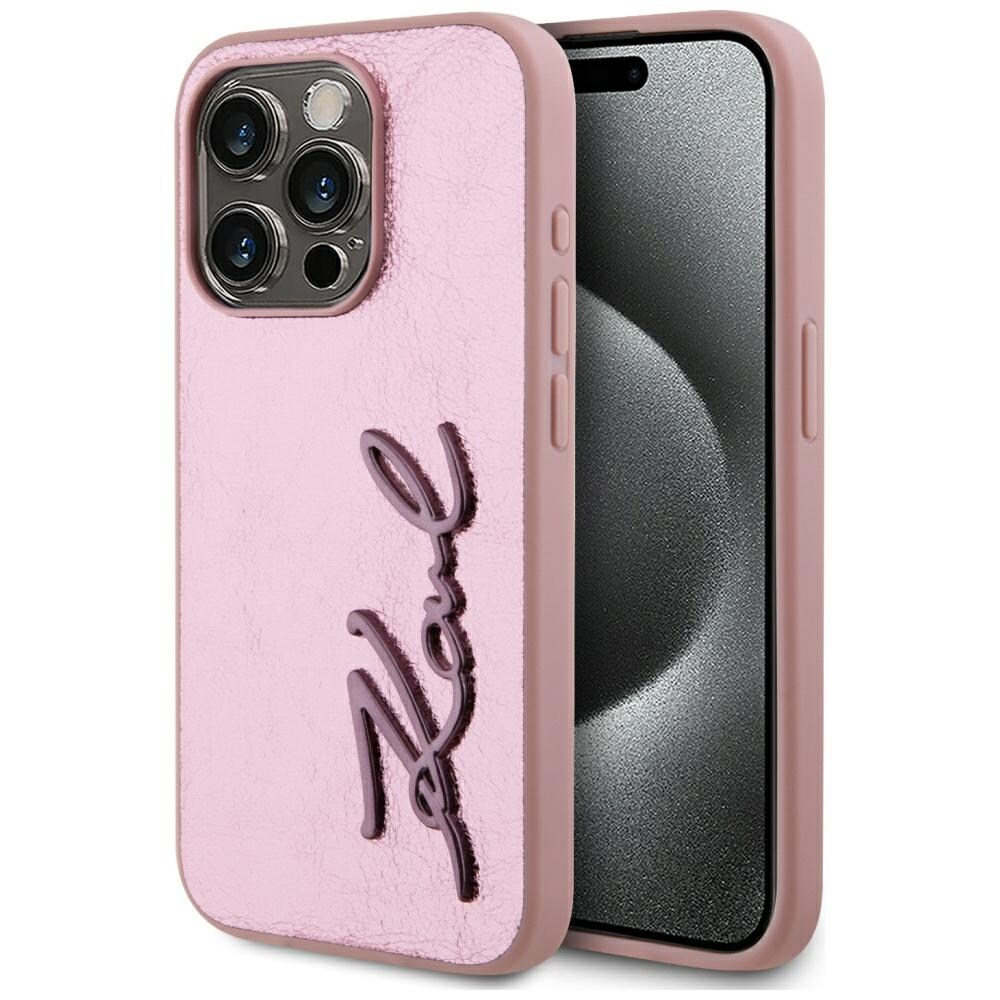 Karl Lagerfeld Wrinkled Metal Signature iPhone 15 Pro Max taske - Pink