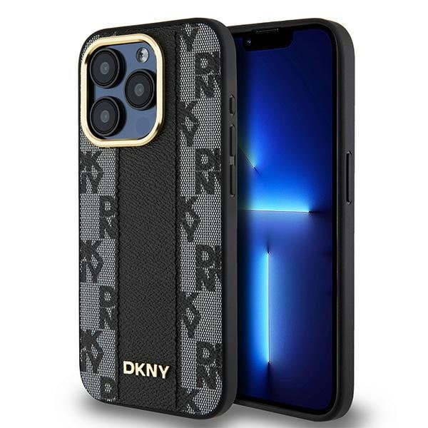 DKNY læder ternet mono-mønster MagSafe iPhone 15 Pro Max taske - sort